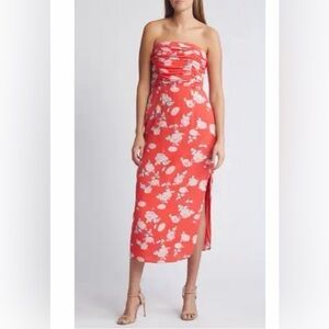 NWT WAYF Birdie Ruched Strapless Midi Dress In Tomato Roses Size Medium